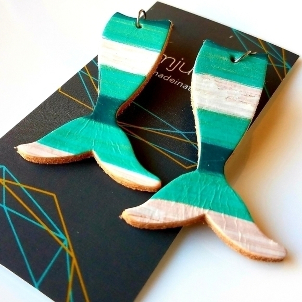 Mermaid Tail Earrings Women's Handmade Painted Leather Drop Bold Coastal Jewelry